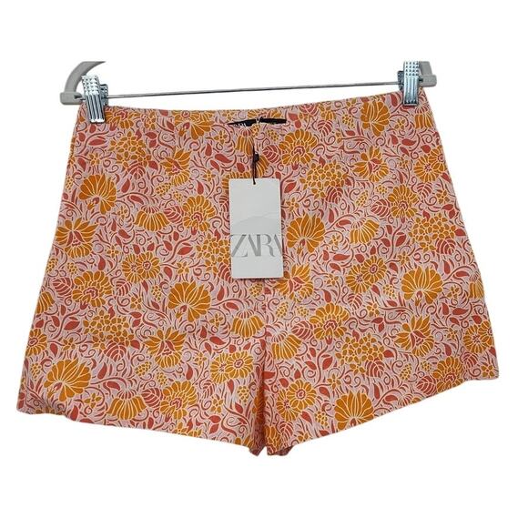 New NWT Zara Linen Cotton Floral Shorts Size Large Pink Orange - Picture 3 of 11